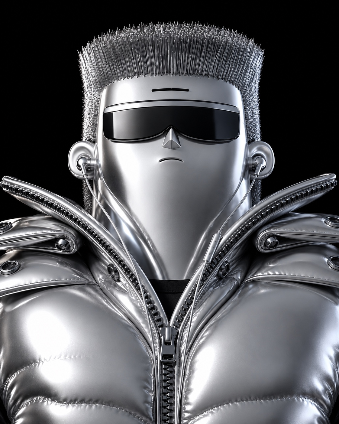 GHROMA chrome character wearing CHROME 01 chrome wired earphones